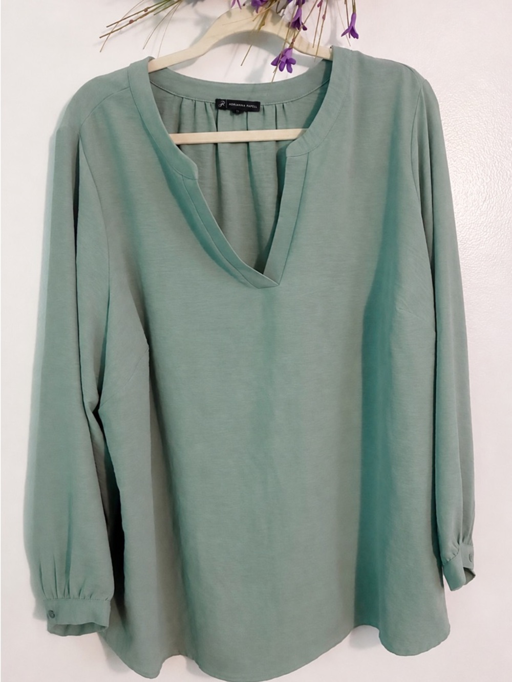 Adrianna Papell Mint Green V-Neck Long Sleeve Blouse